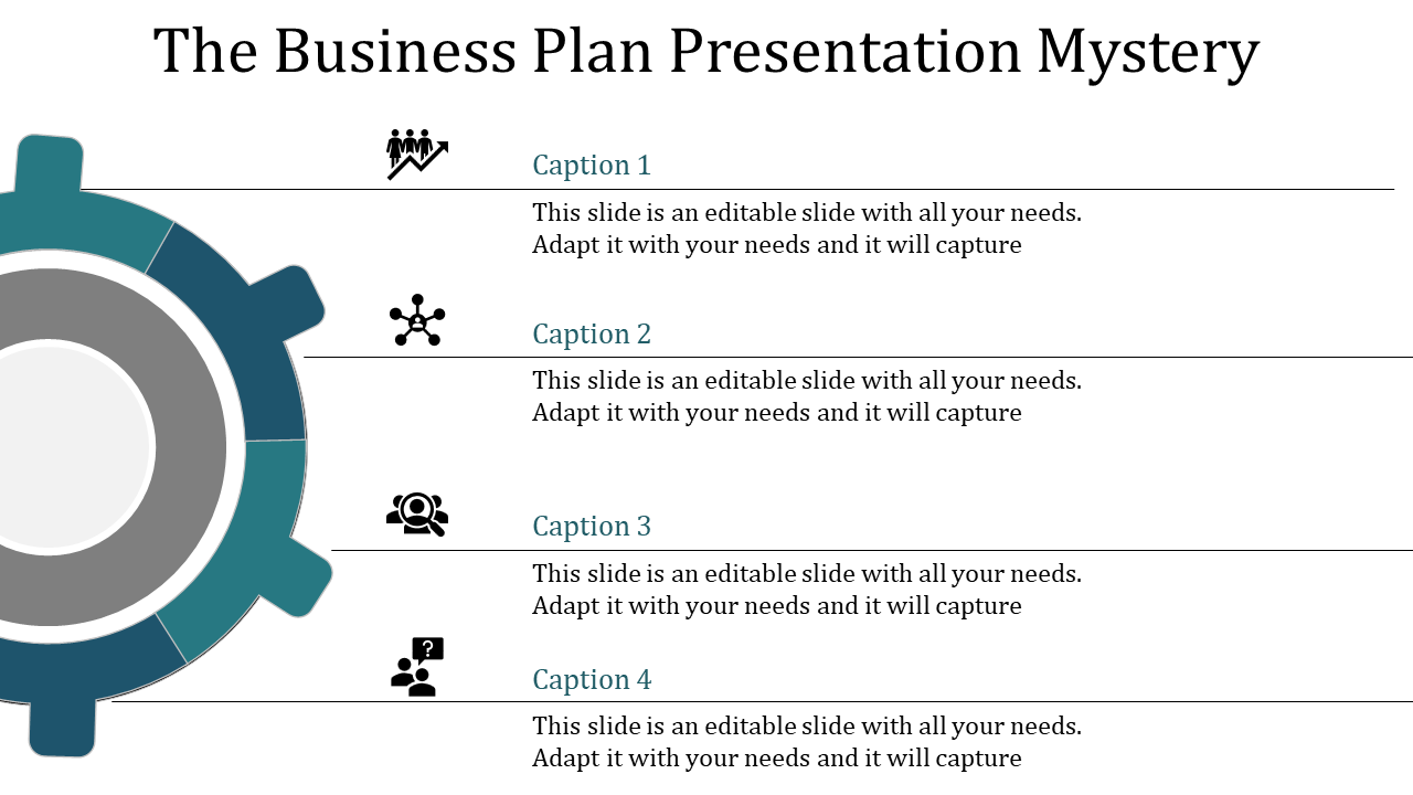 A corporate business plan presentation template featuring a gear icon in the center and four captions with icons.