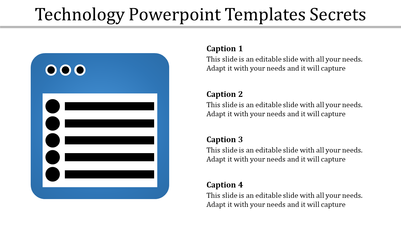 Slide featuring a blue web style icon with a bulleted list on the left and four captions on the right.