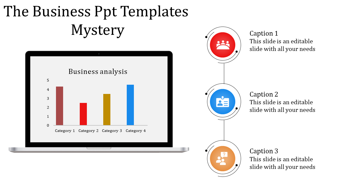 Business analysis slide featuring a laptop displaying a chart and three circular icons for additional details.