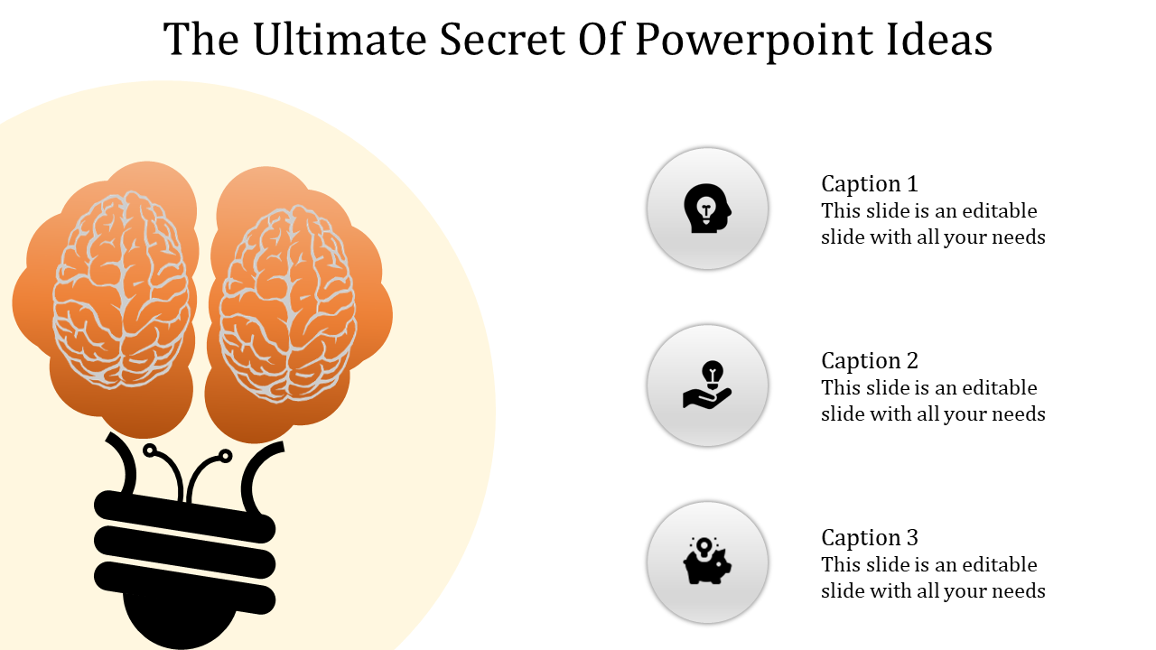 Illustration of an orange brain shaped lightbulb on the left, with three circular icons and captions on the right.