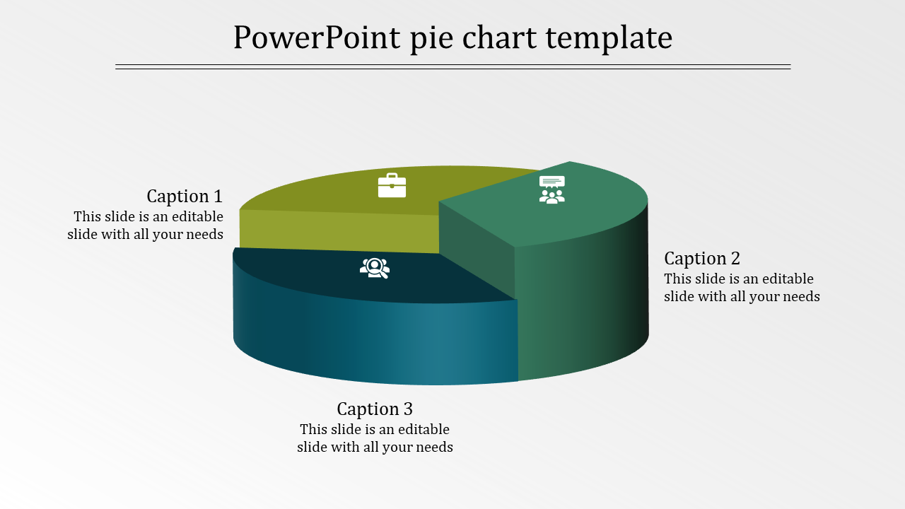 PowerPoint pie chart template with three segments and associated icons.