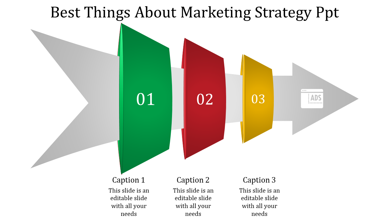 Marketing strategy slide featuring a horizontal arrow design with three numbered sections and with caption areas.