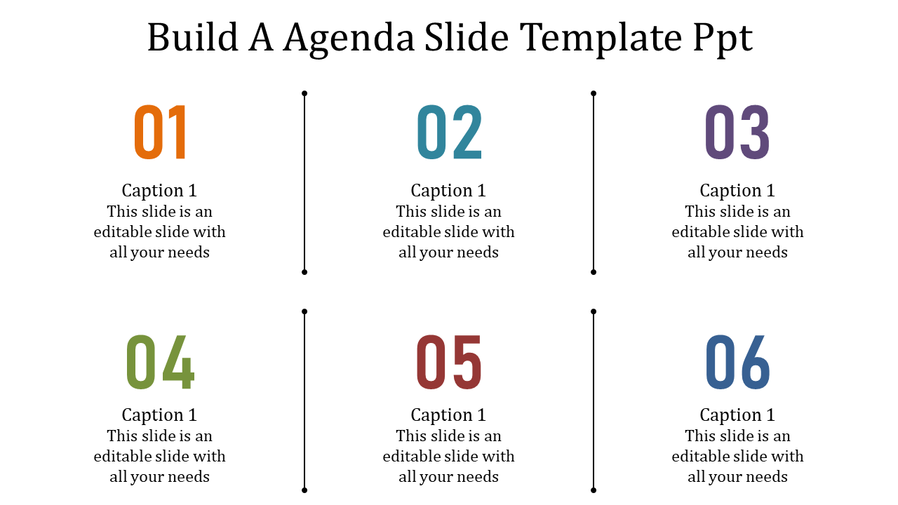 Six-point agenda infographic with a central pink diamond and numbered captions linked by dotted connectors.