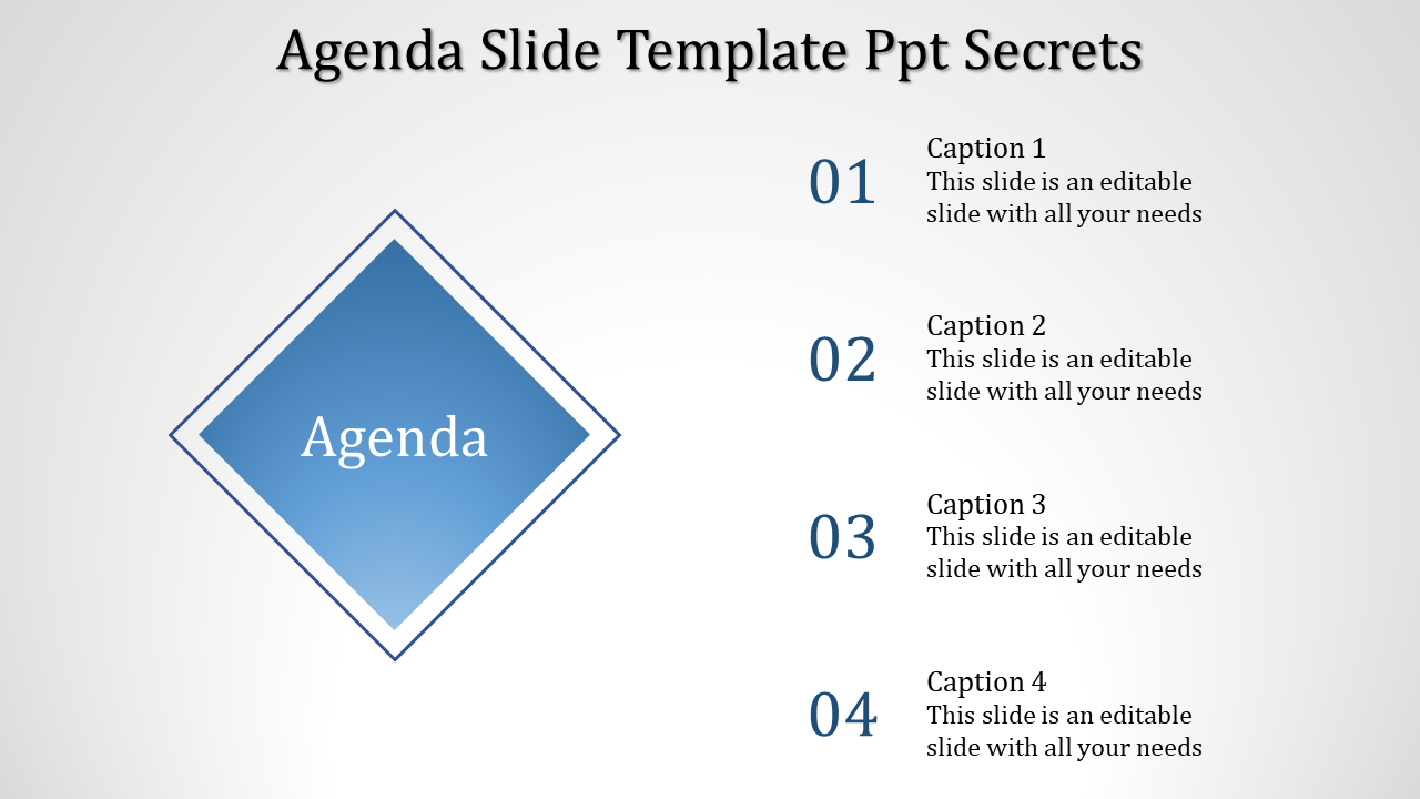 Agenda slide with a diamond shape and four numbered steps with captions.