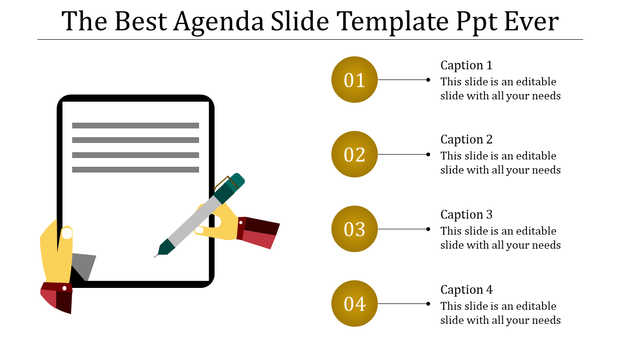 Agenda PPT template featuring a notepad graphic and four numbered points with captions.