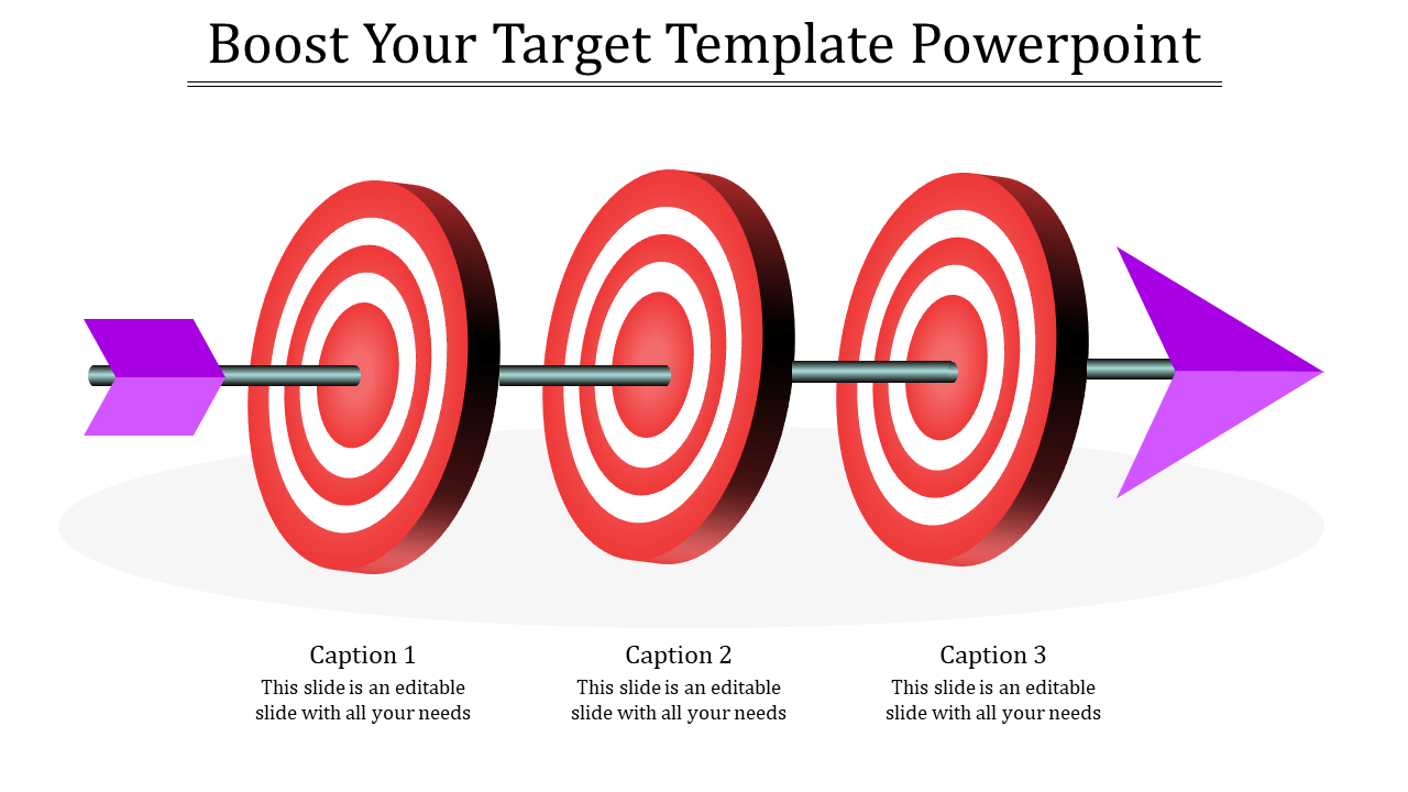 Target PowerPoint slide featuring three targets aligned with an arrow hitting the center.