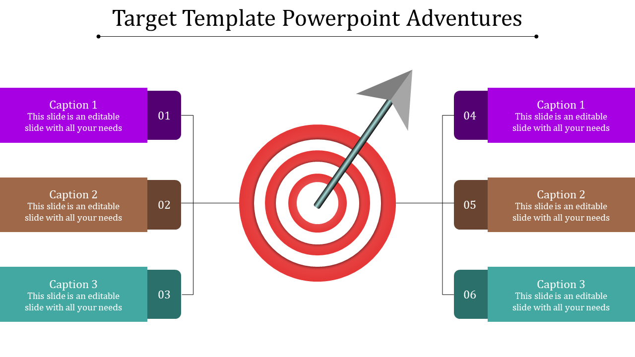 Target diagram with a red bullseye and gray arrow, and six colored caption boxes in purple, brown, and teal on both sides.