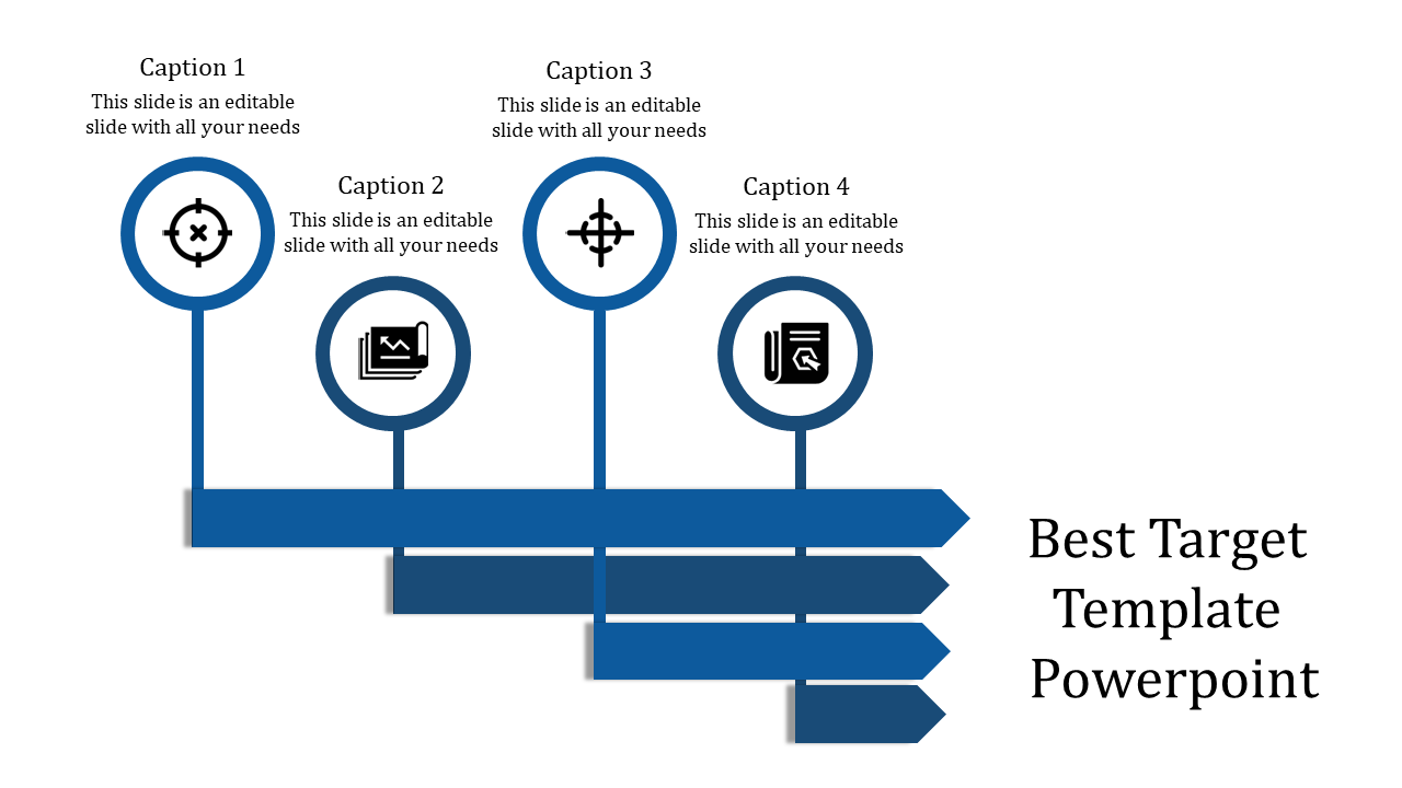 A PowerPoint design with arrows pointing towards various target icons representing different stages.