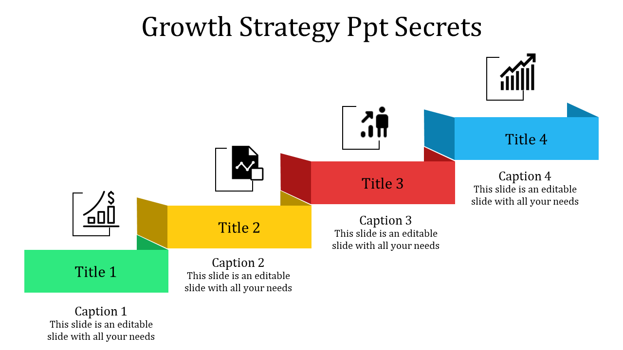 Four colored blocks arranged like steps, each with an icon and title, representing a progressive growth strategy.