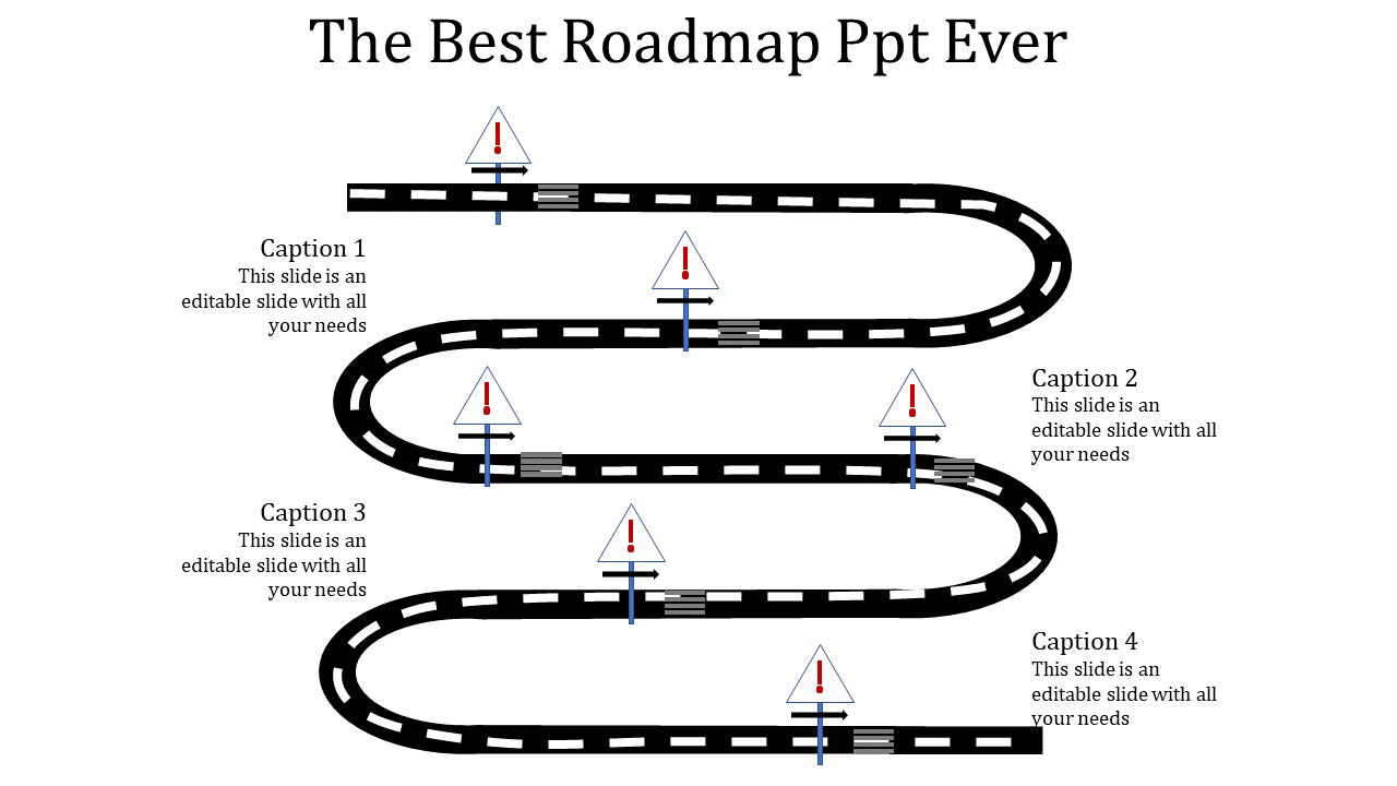 Winding black road with white triangular caution signs, and four captions on a white background.