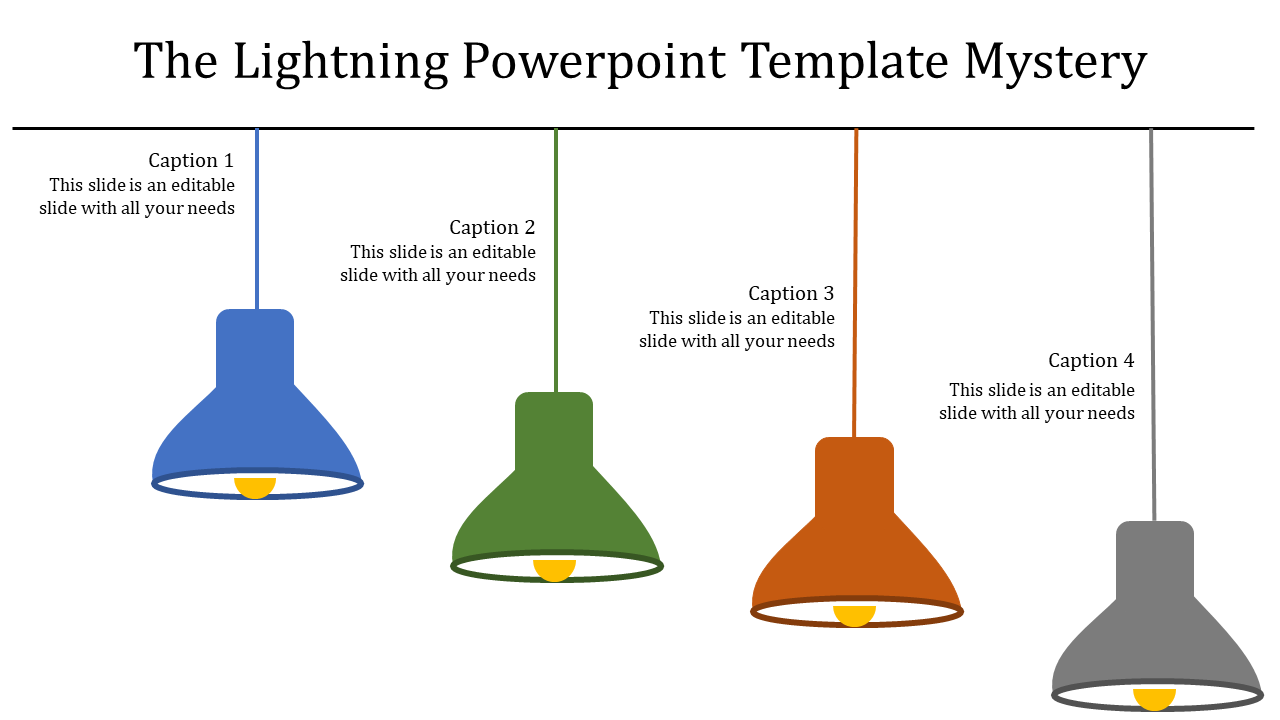 Creative lightning slide with light bulb icons in various colors like blue, green, orange, and gray with caption spaces.