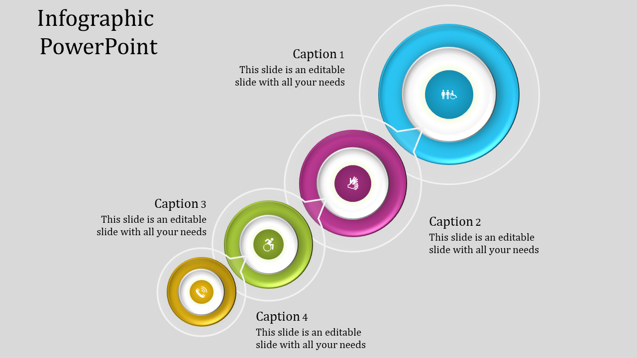 Infographic PPT slide with colorful concentric circles featuring icons representing human figures, accessibility, and sound.