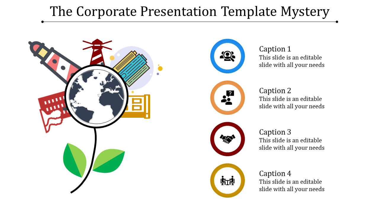 Central globe illustration with surrounding icons of industries and buildings, paired with four colorful circular captions.