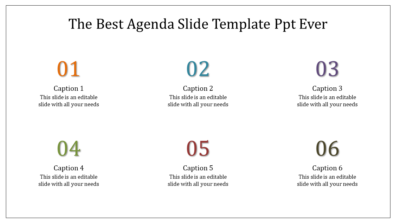 Six agenda numbers in orange, blue, purple, green, red, and gray arranged in two rows with corresponding captions.