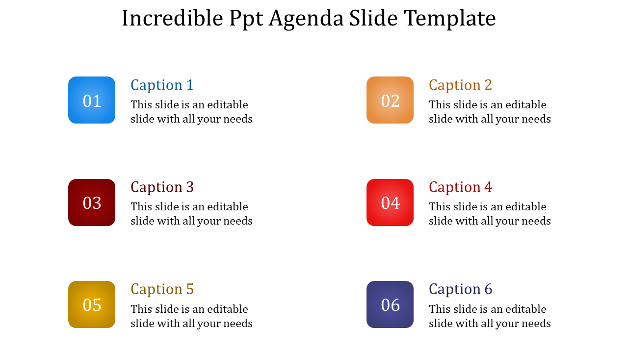 Colorful agenda slide with numbered sections from 01 to 06, each with captions.