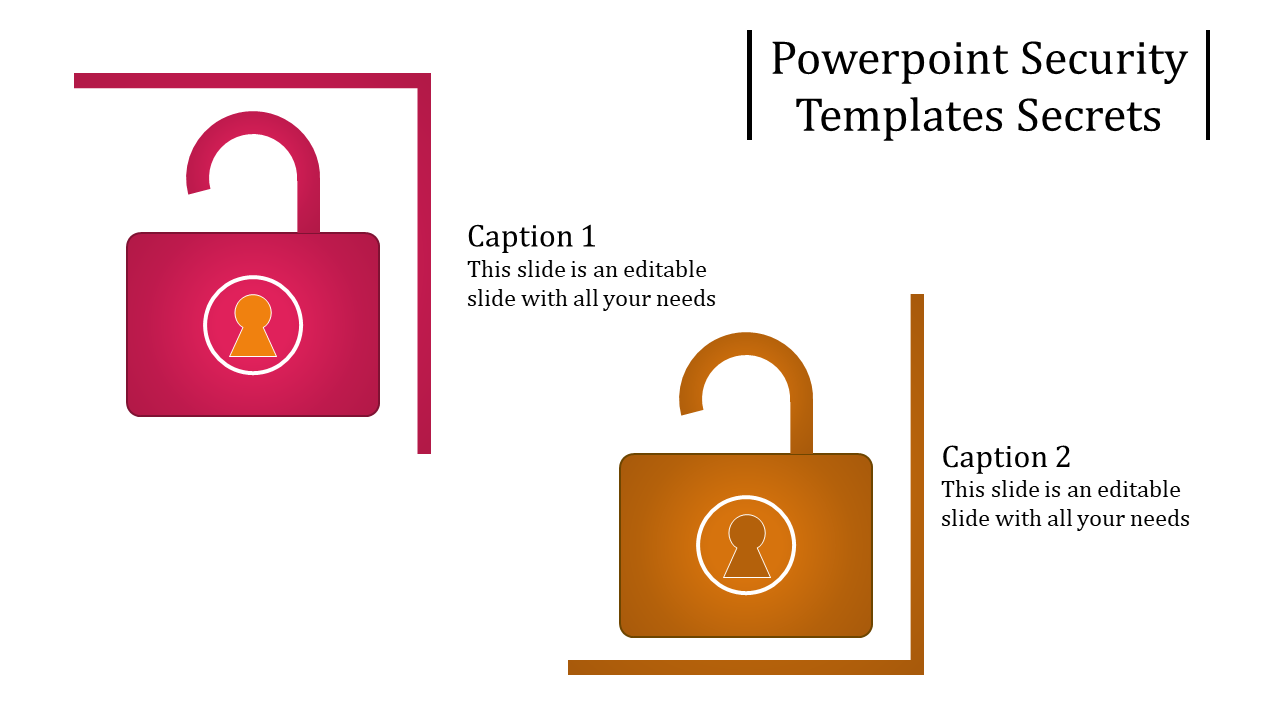 PowerPoint security slide showing two colorful unlocked padlock icons with captions.