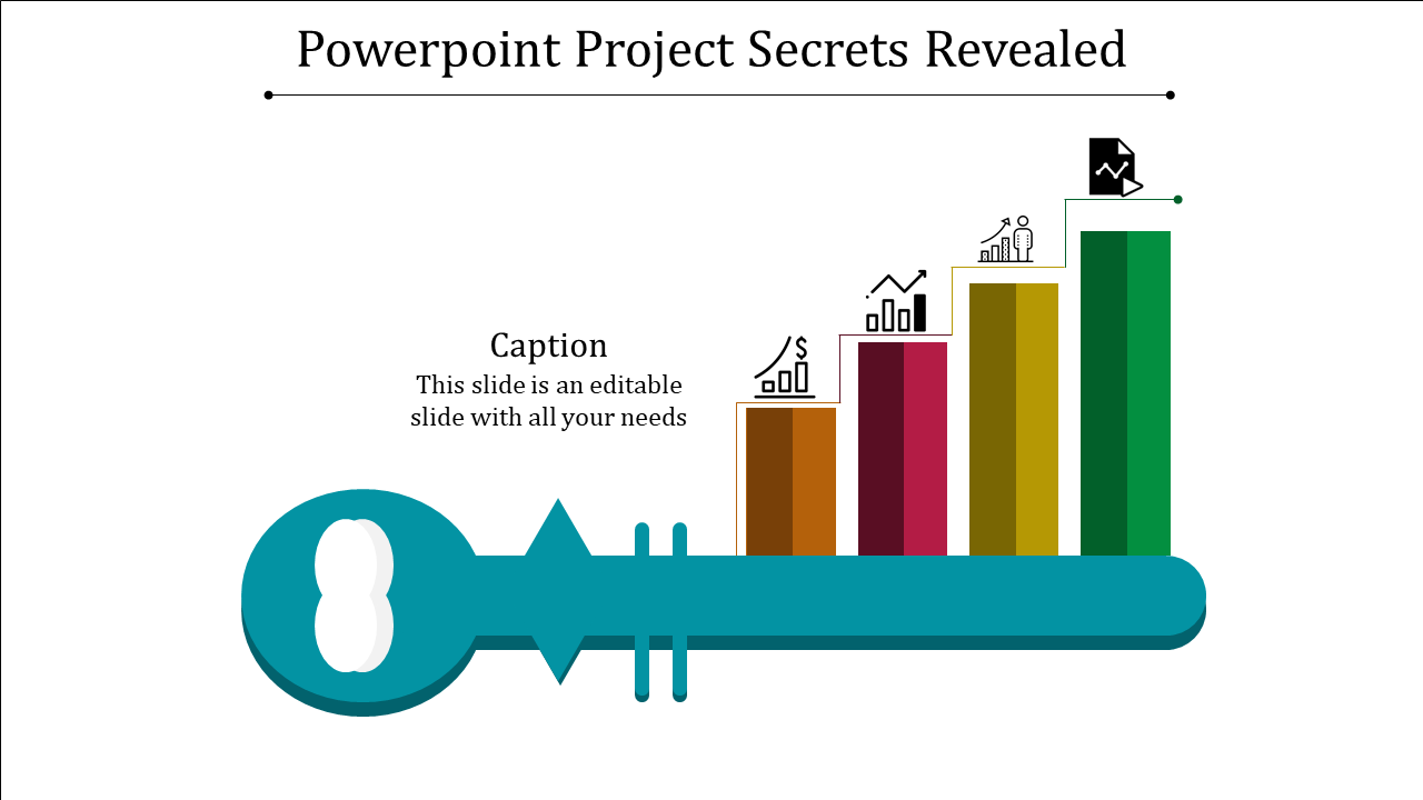 Project infographic with a teal key and sequential bars in colors, each topped with related icons for growth and analysis.