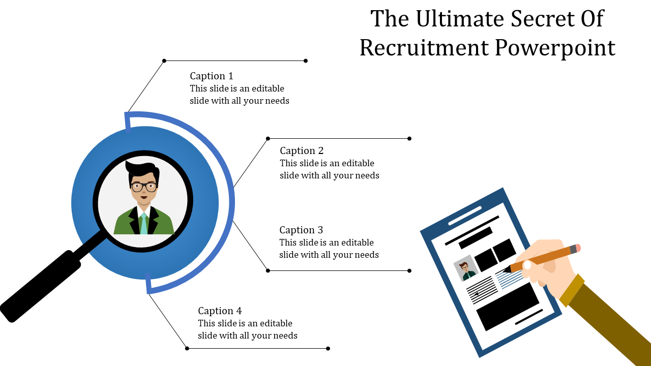 Recruitment-themed slide with a magnifying glass highlighting a candidate and a hand reviewing a resume.