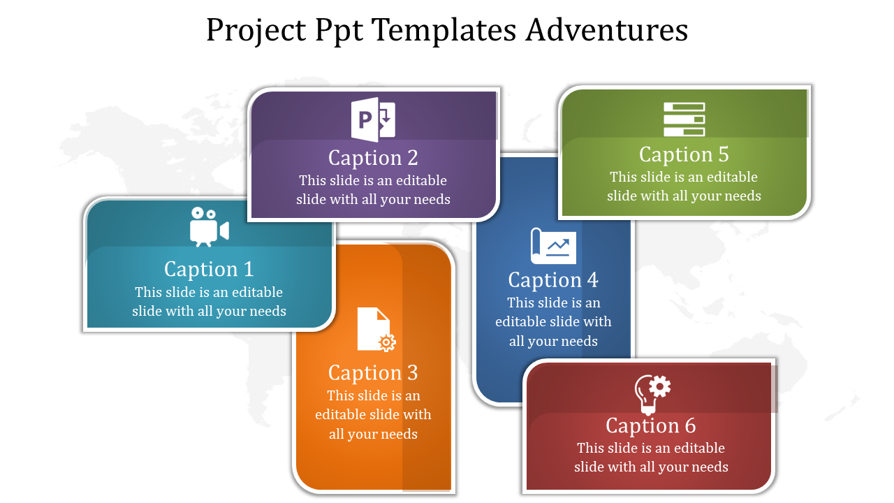 Project PPT slide featuring six sections with icons for video, presentation, document, chart, database, and settings.