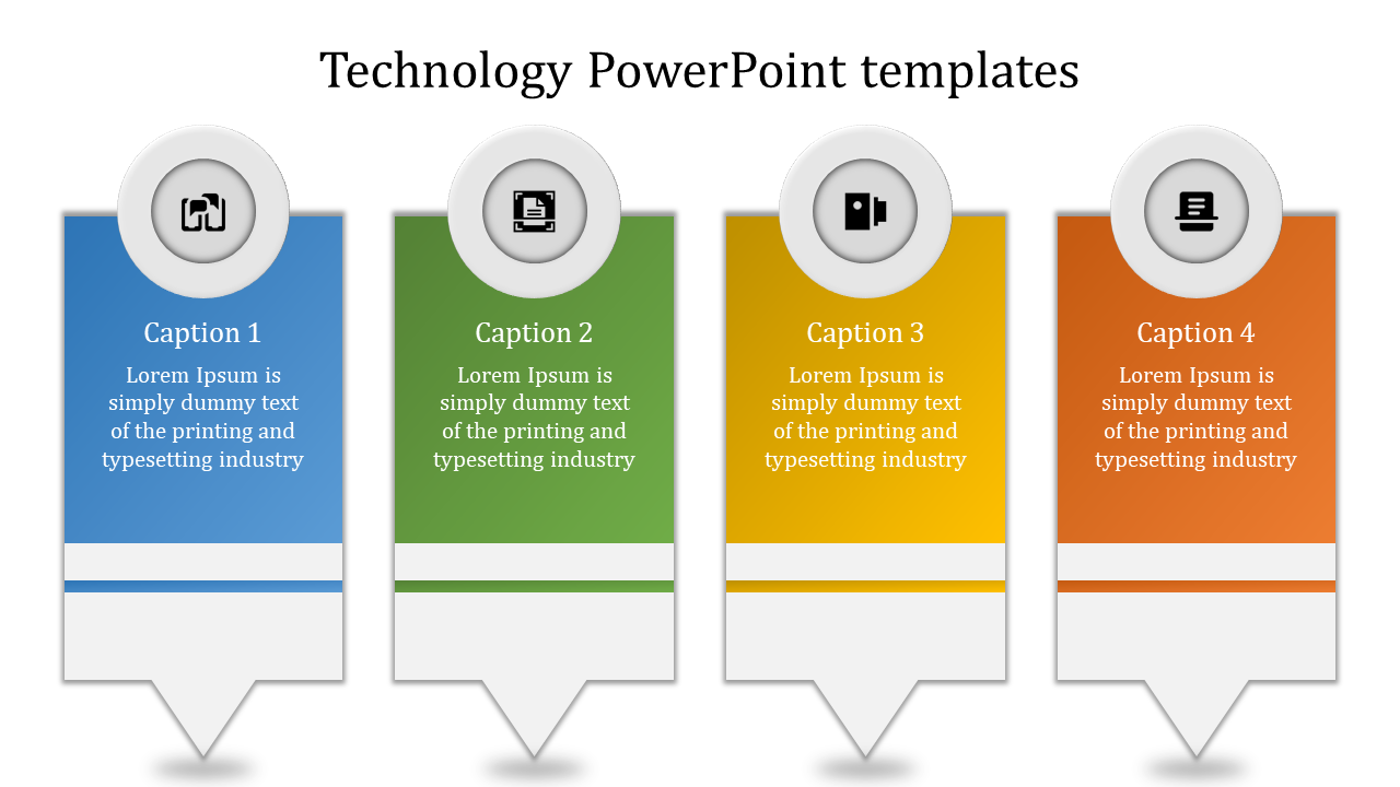 Technology PowerPoint template with four colorful tabs, each featuring a different icon and label for various topics.