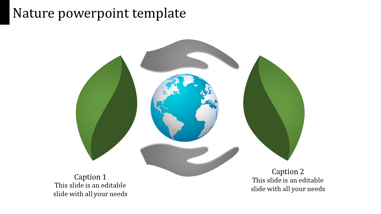 Nature slide with a blue and white globe at the center, flanked by green leaves and curved hands caption areas.