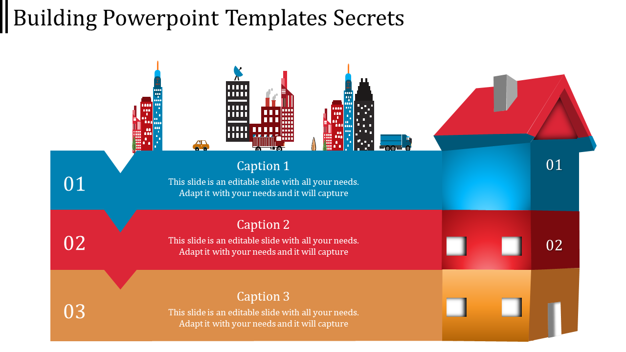 Building themed slide with colorful cityscape graphics and stacked captions in blue, red, and orange sections.