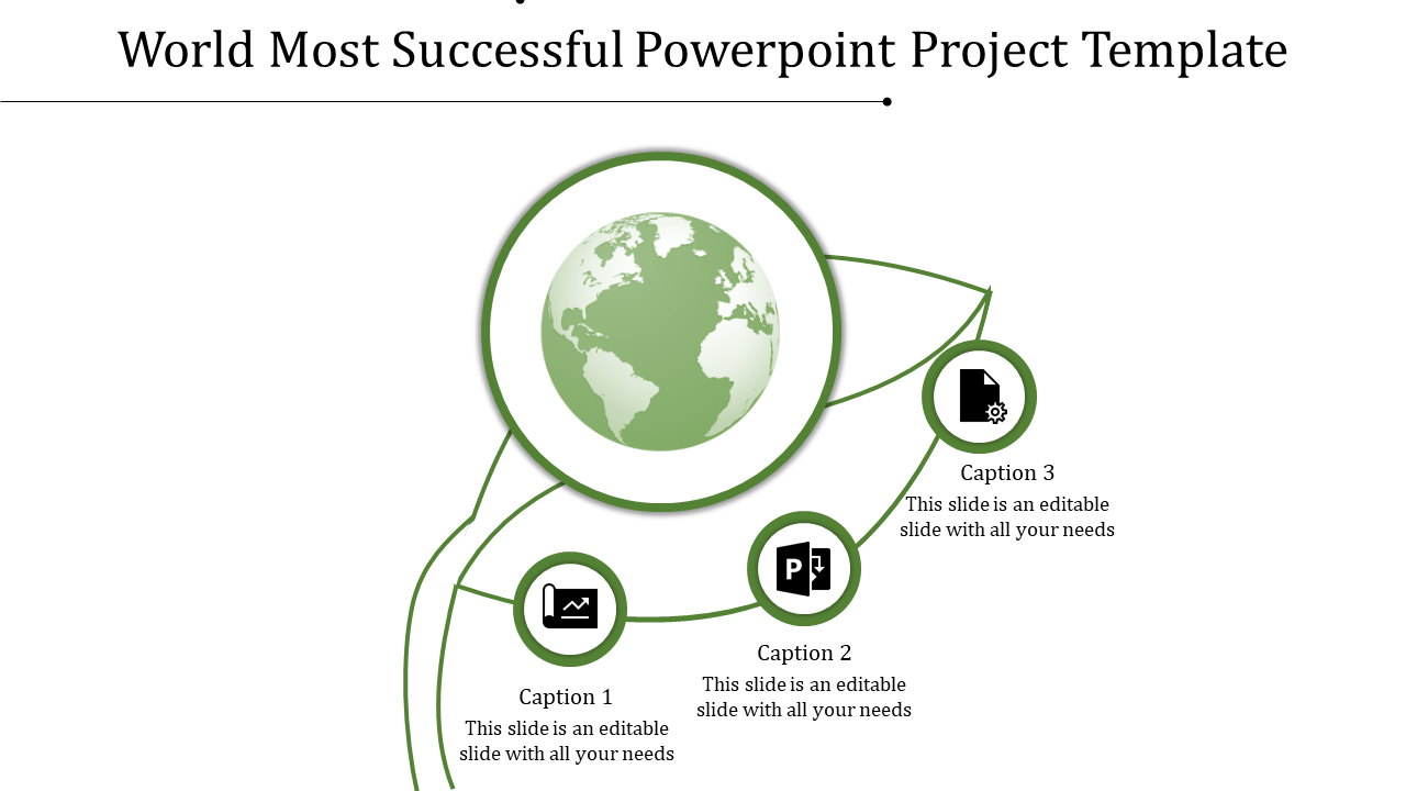 World themed slide featuring a green globe surrounded by three linked circular icons with captions.