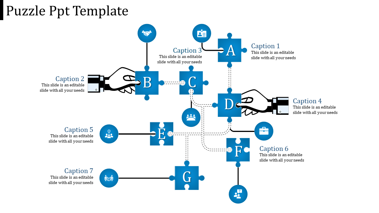 Puzzle PowerPoint template with interlocking pieces and captions for content with icons.