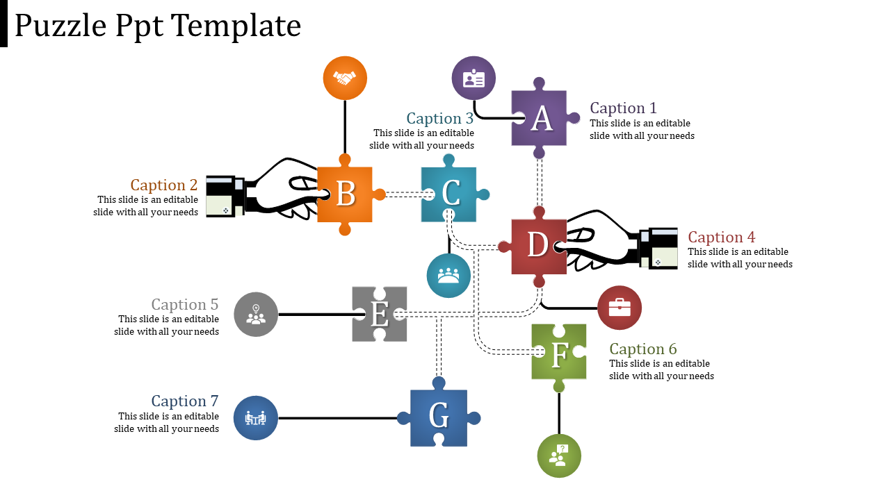 Puzzle themed PowerPoint slide with hands placing pieces, each containing icons and captions.