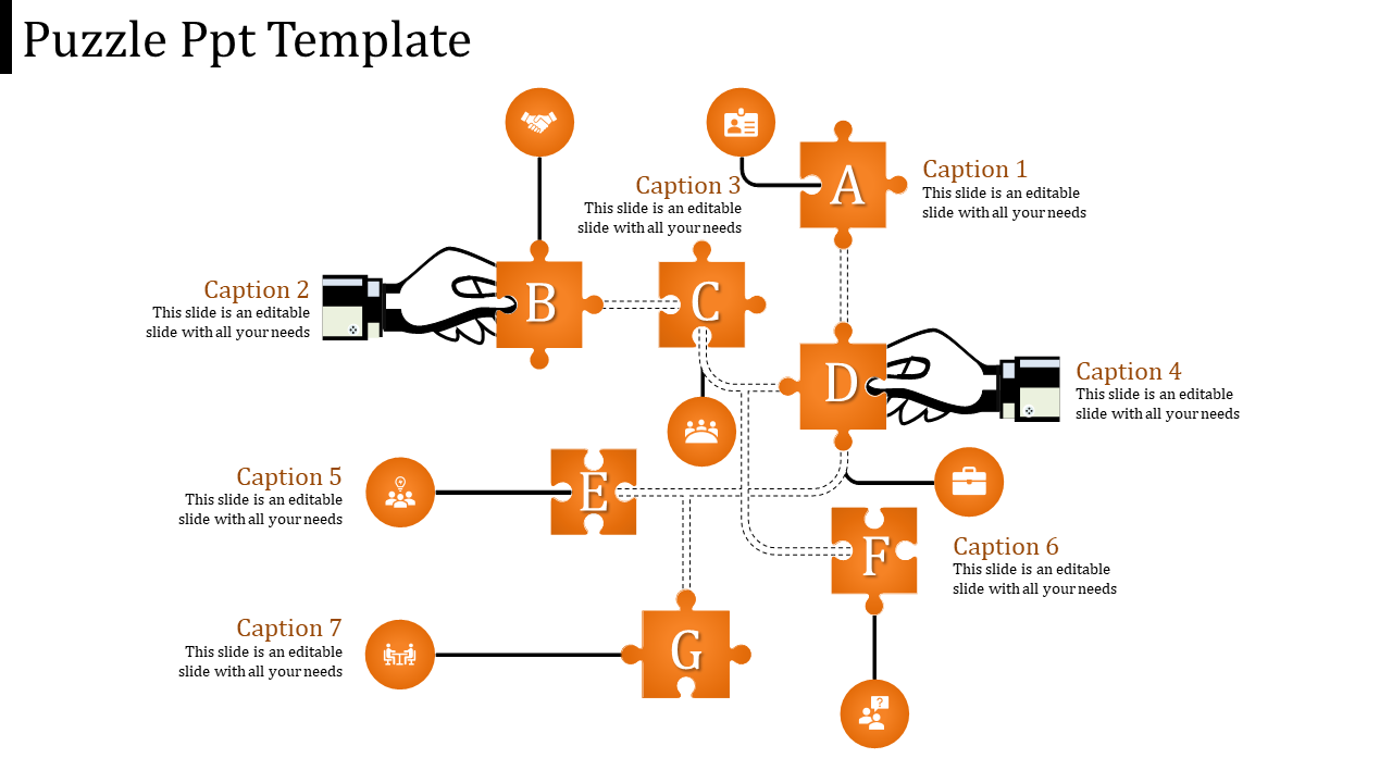 Puzzle diagram with labeled pieces A to G, showcasing icons and captions describing each segment of the process.