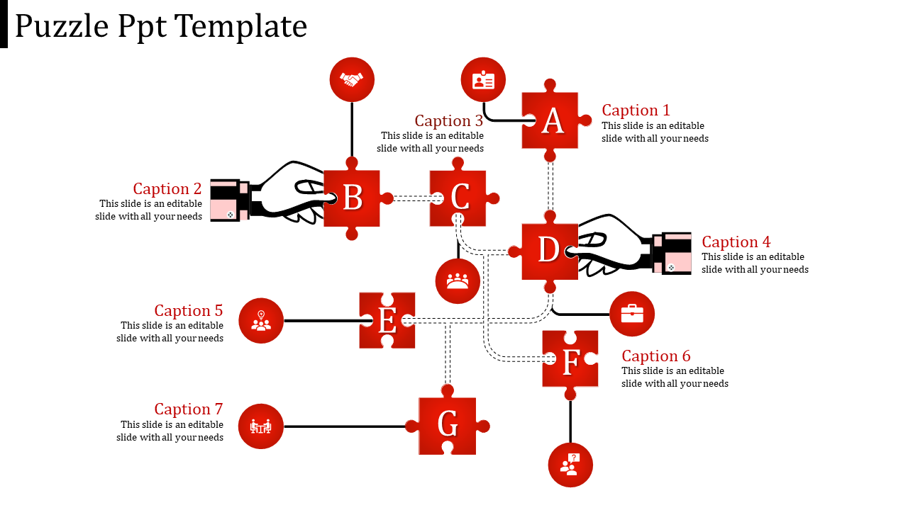 Red puzzle PowerPoint template with interconnected pieces for content with captions and icons.