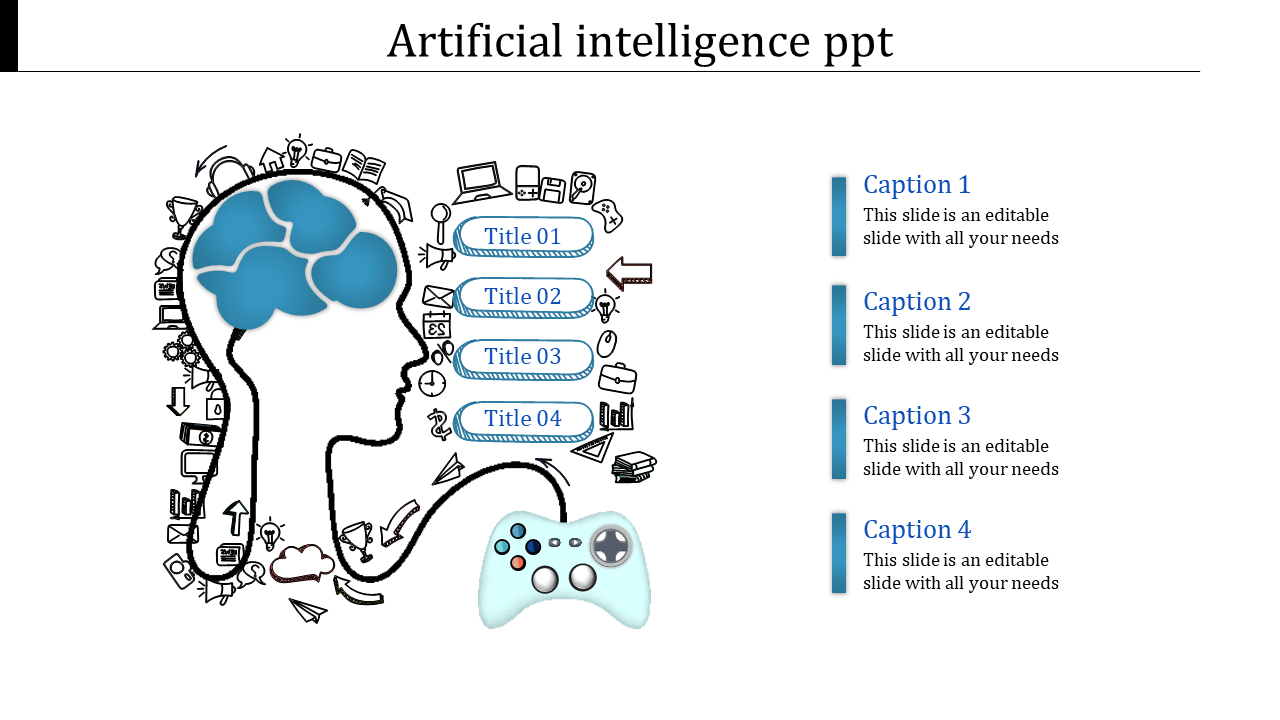 Slide with a human head outline, blue brain, icons around it, and a game controller below, showing four titles and captions.