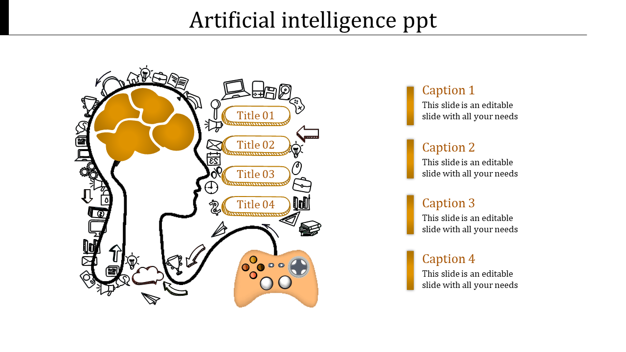 Human head outline with orange brain, surrounded by tech icons, text boxes for titles and captions in vertical alignment.