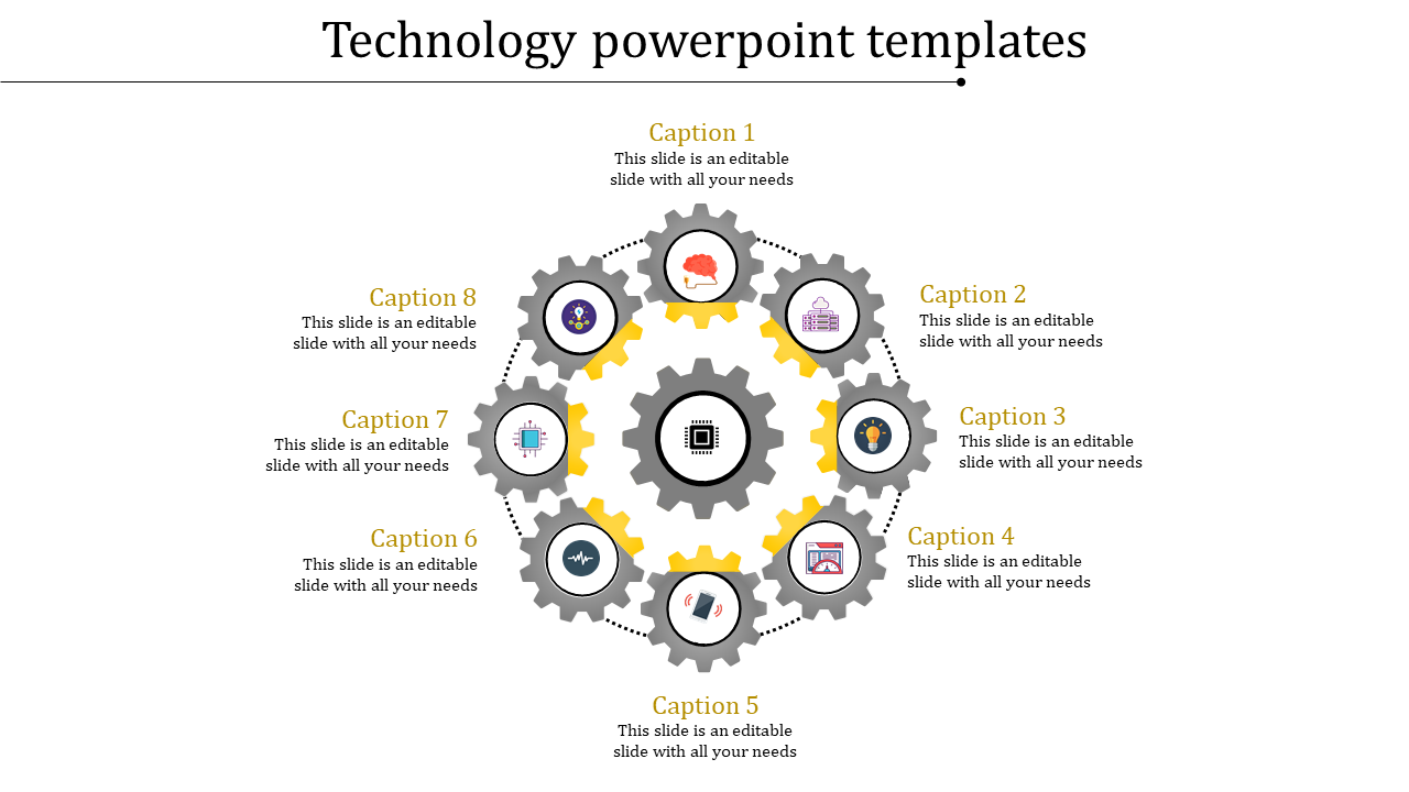 Eight interconnected gray gears arranged in a circular pattern, each containing icons linked to captions.