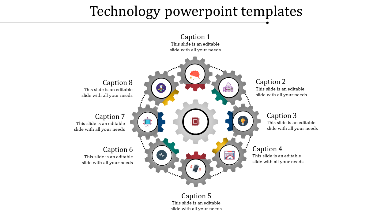 Technology PowerPoint template featuring eight gear icons, each with a caption for various tech topics.