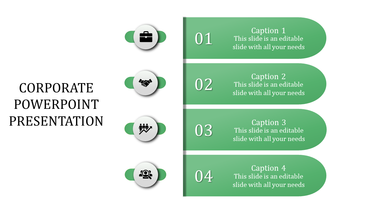 Corporate slide showcasing a green gradient design with sequential steps and aligned icons for business visuals.