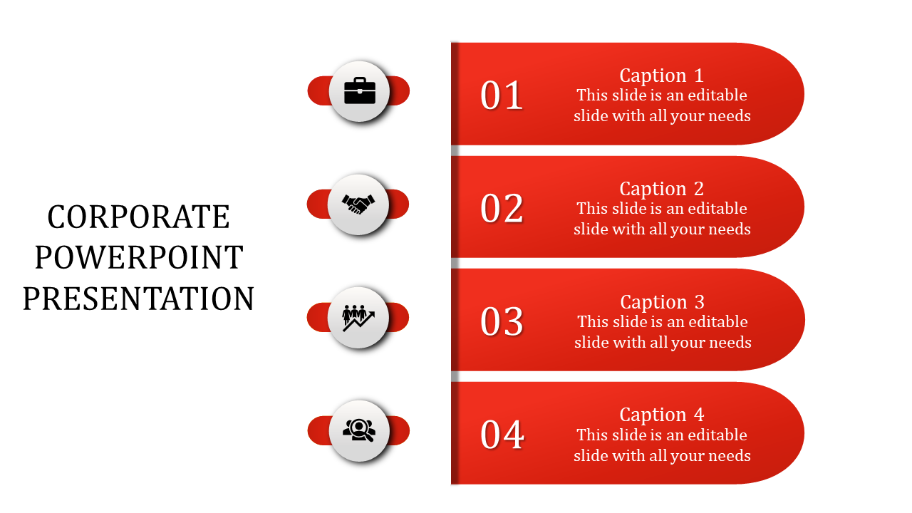 Corporate PPT slide with red design, featuring icons for business, partnership, teamwork, and leadership.