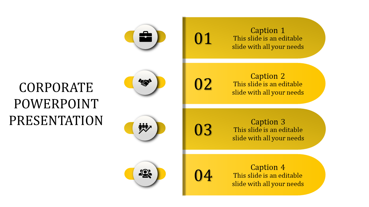 Corporate PPT slide with a yellow design and icons representing business tools, partnerships, teamwork, and leadership.