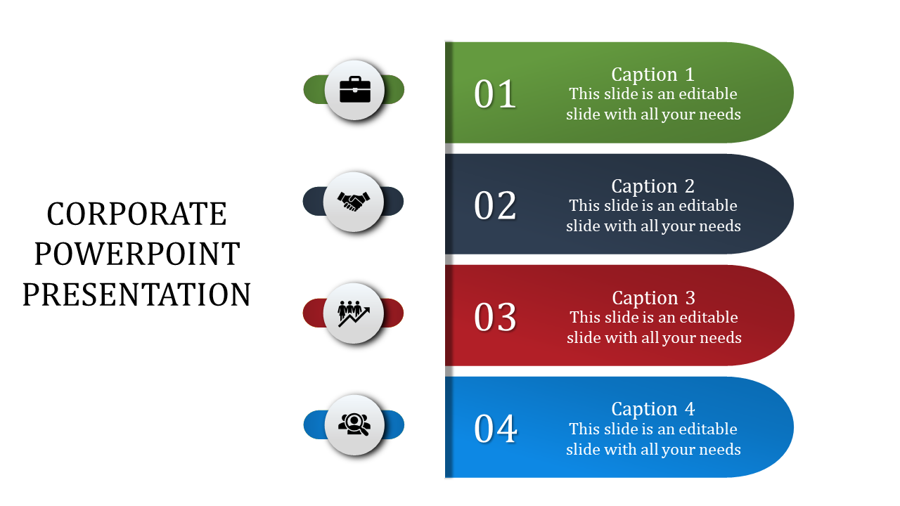 Corporate-themed slide displaying numbered sections from 1 to 4 with descriptive captions and business-related icons.