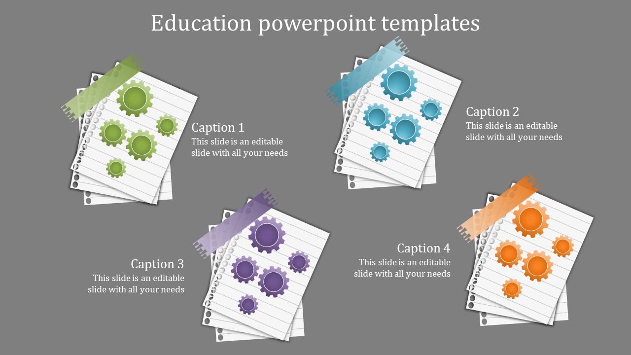 Slide featuring four stacks of paper with colorful gear icons in green, blue, purple, and orange, on a gray background.