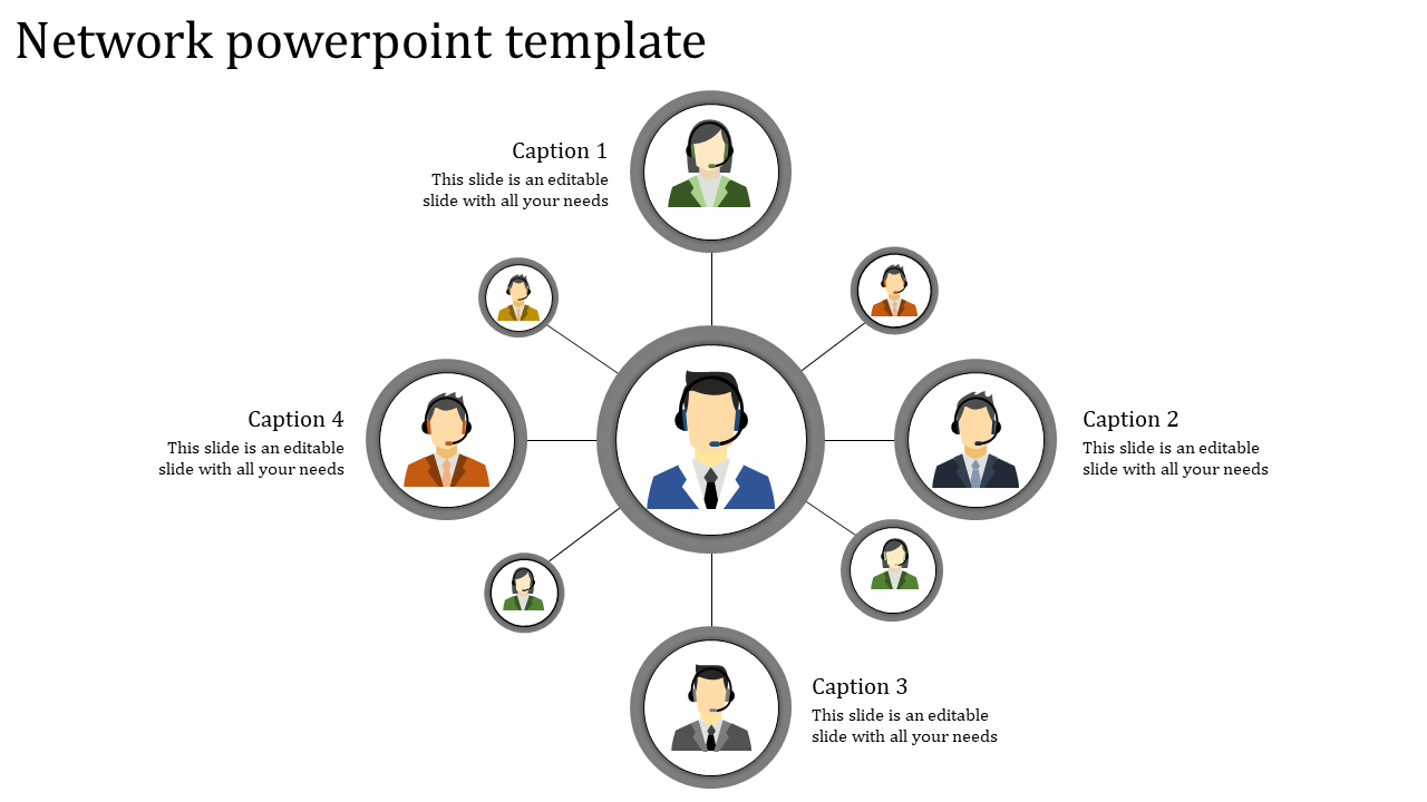 Circular network design with a central figure linked to eight surrounding figures, with four captions.