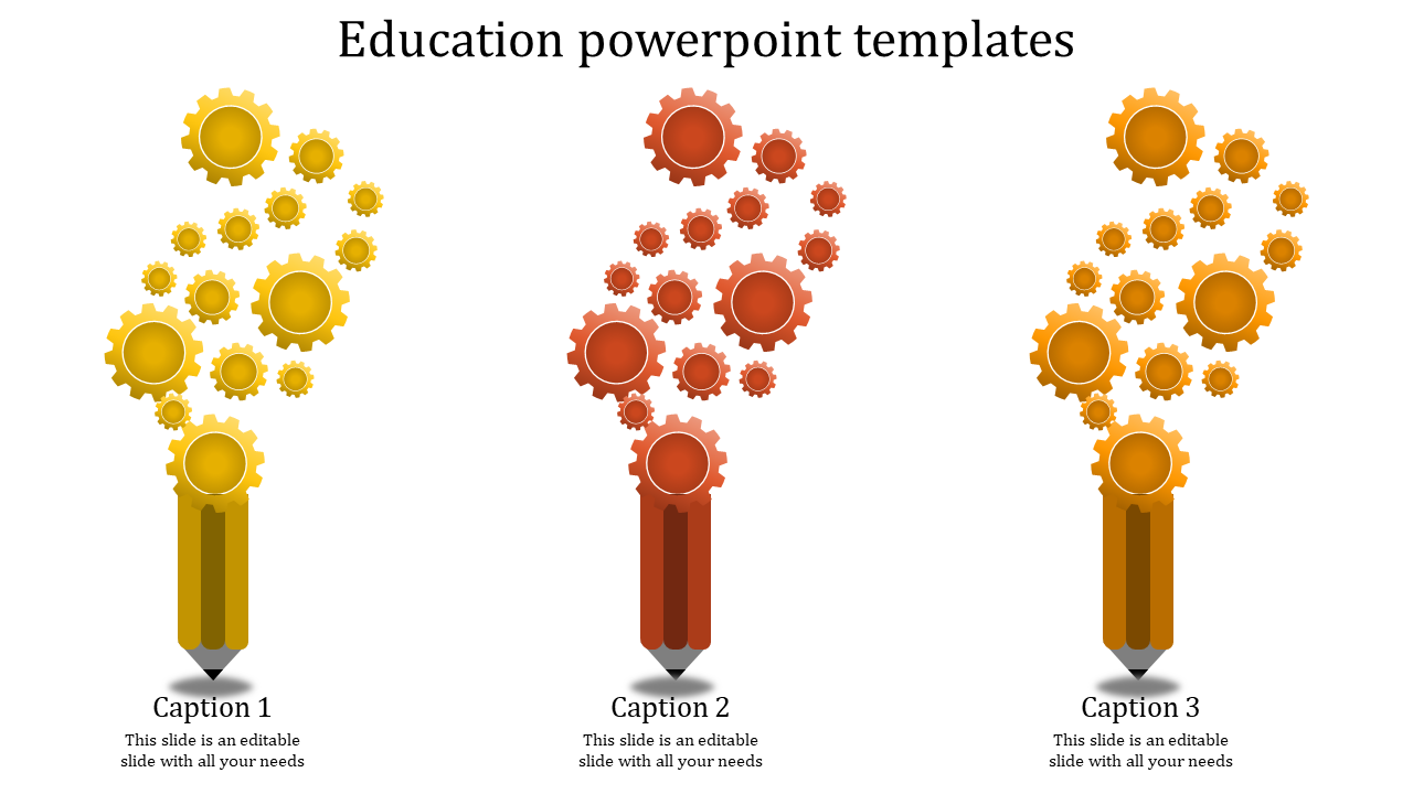 Education PowerPoint slide with pencils and gears representing creative ideas with captions.