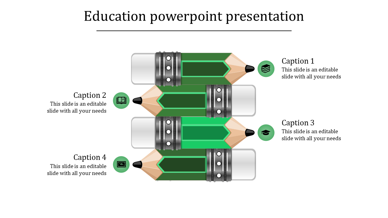 Horizontal layout of four stacked green pencils with metallic details, paired with icons and captions for education themes.