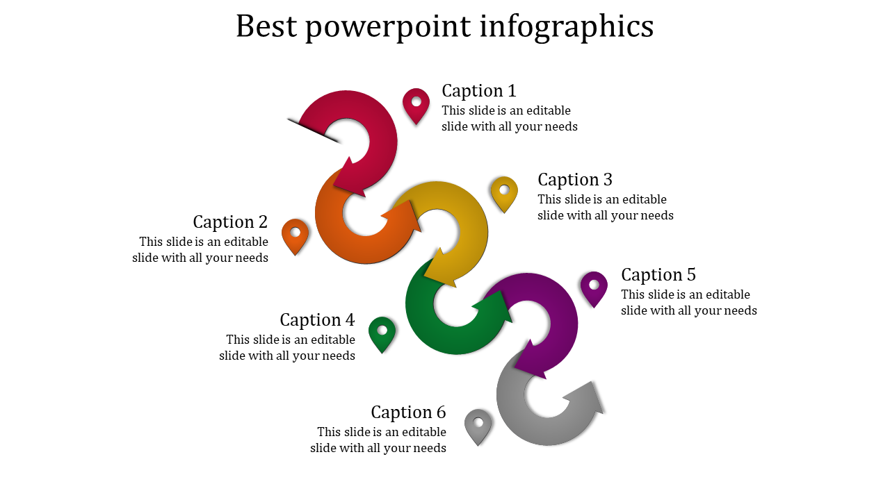 Best  infographics slide with six arrows in vibrant colors, each linked to editable captions and pin icons.