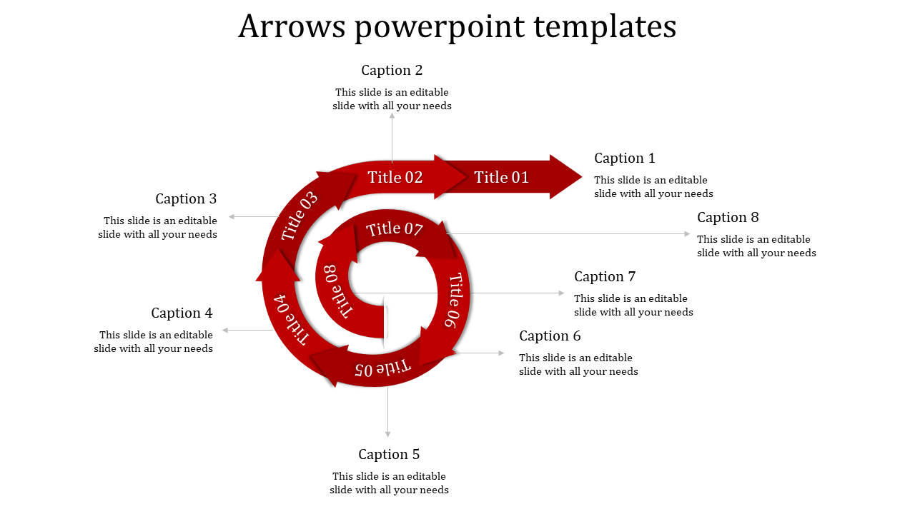 Circular PowerPoint template with eight red arrows, each labeled with a title, and accompanied by captions for each step.