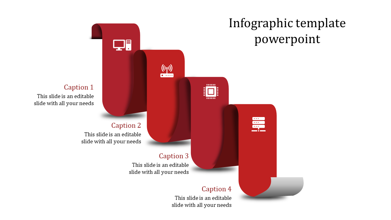 Infographic PowerPoint slide with four red sections featuring technology related icons with captions.