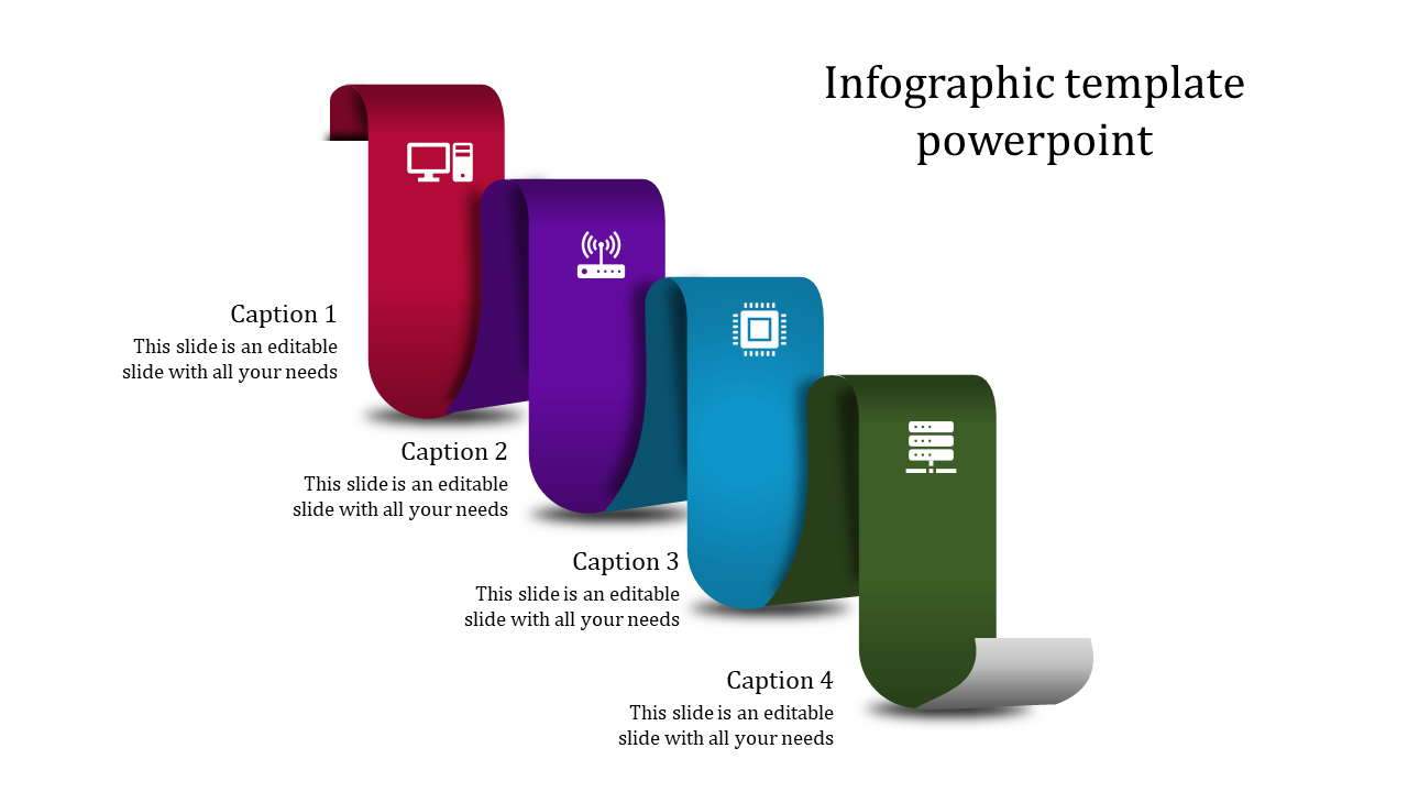 Layered ribbon infographic with four colored sections, showcasing technology-related icons and captions alongside.