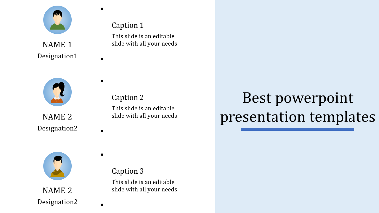 Profile slide showcasing three illustrated portraits with names, designations, and captions linked by vertical lines.