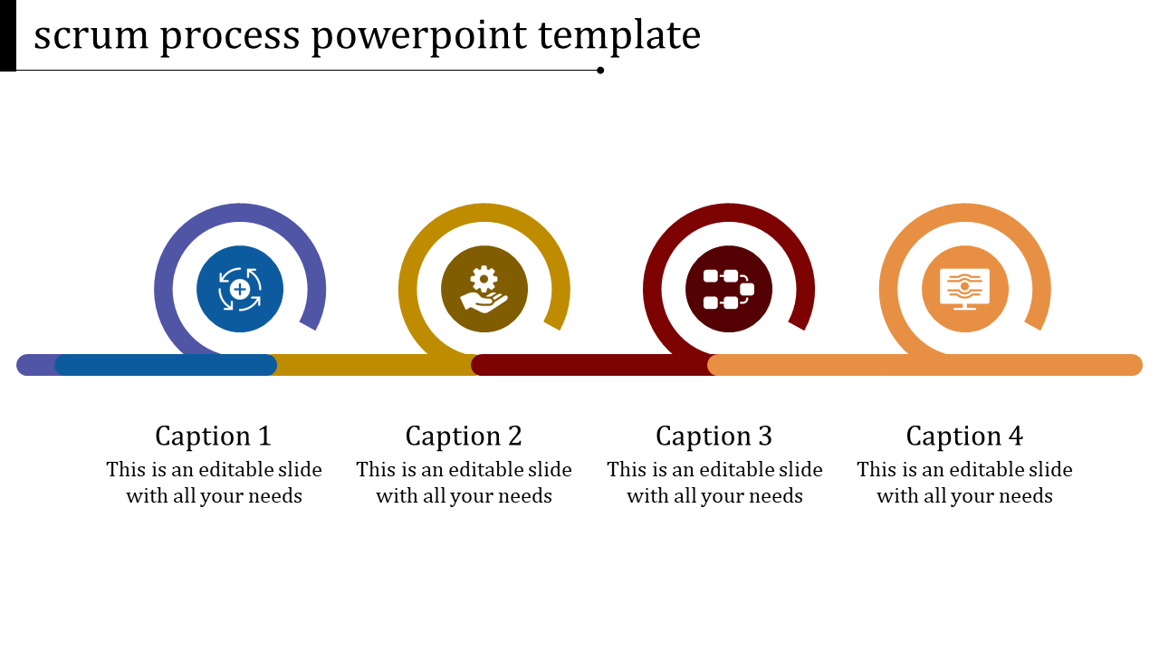 Four spiral shapes in blue, yellow, red, and orange with icons and captions below, representing steps in the Scrum process.