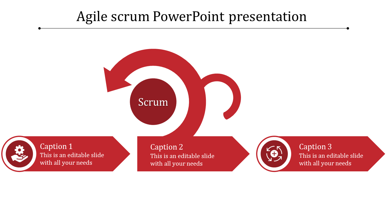 Agile scrum PowerPoint template featuring a circular flow with arrows and icons representing various stages.